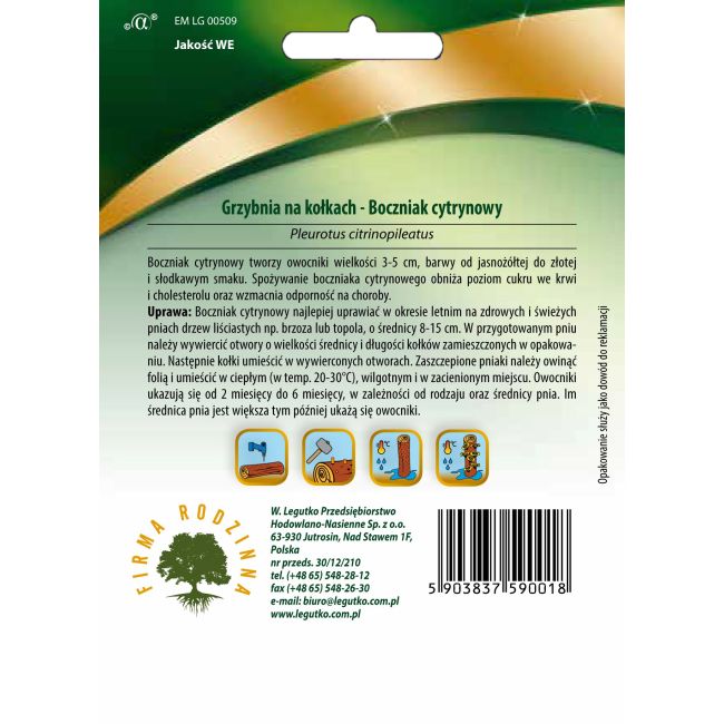Mycelium na kolíčkách - Hlíva ústřičná citronová - Semena - W. Legutko